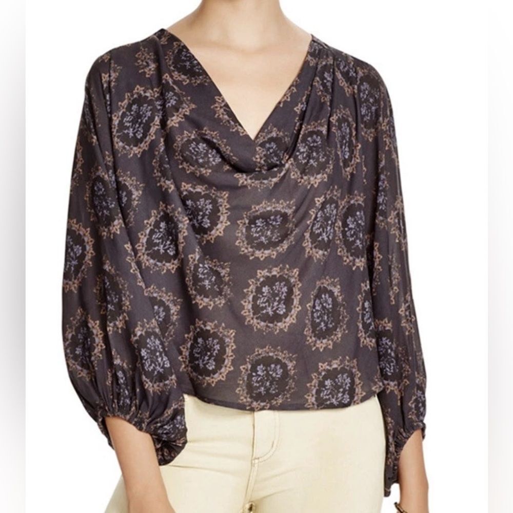 Free People Cowling Around Blouse Midnight Combo Drape Neck Size Small Peasant